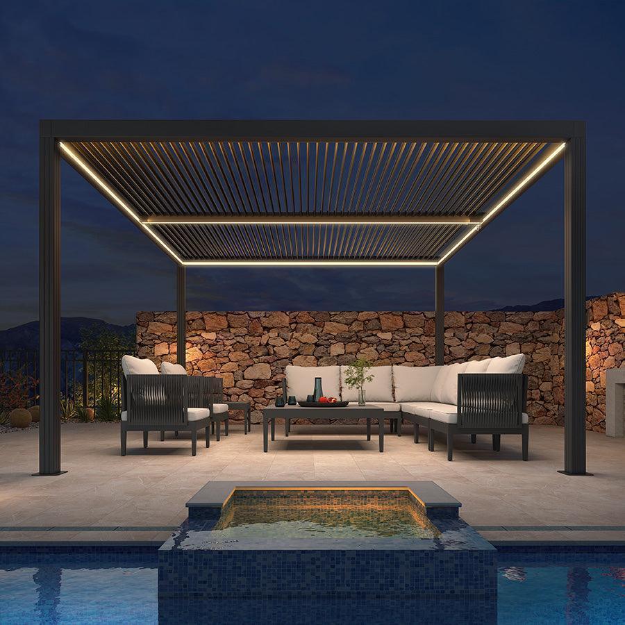 PURPLE LEAF Athena Louvered Pergola Grey Outdoor Aluminum Pergola with Strip Lights Adjustable Gazebo for Patio Deck Garden