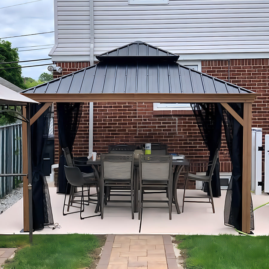 PURPLE LEAF Hardtop Gazebo for Patio Wood Grain Aluminum Frame Awning with Netting