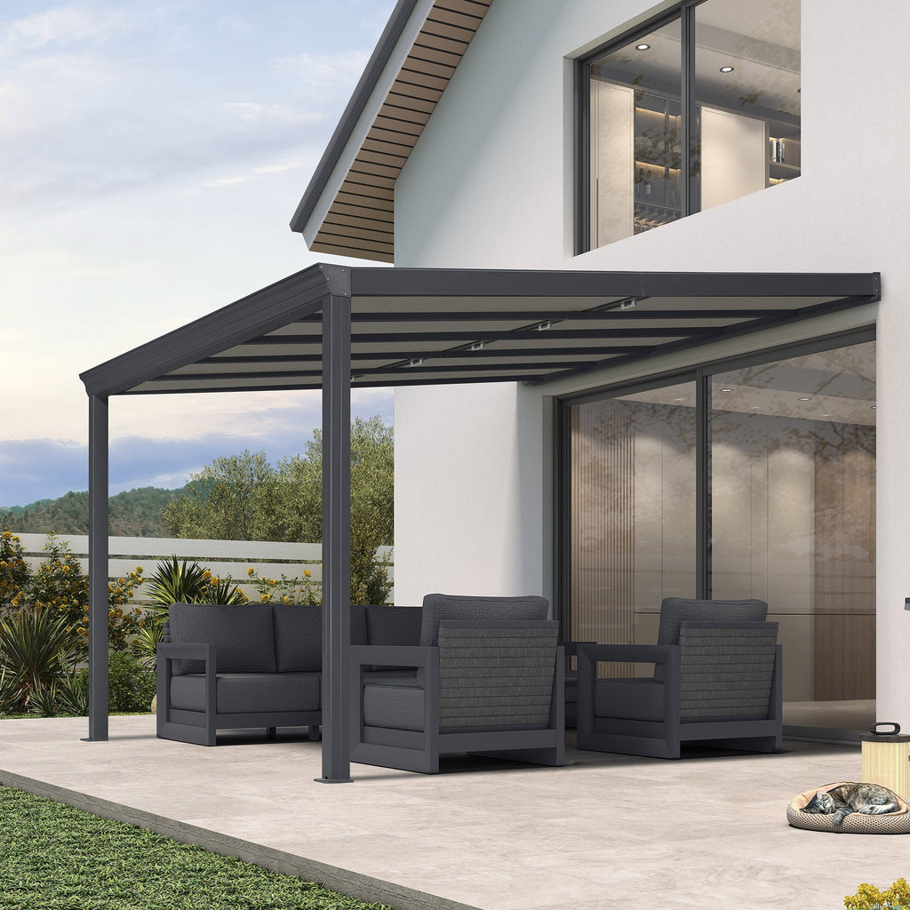 PURPLE LEAF Wall Mounted Gazebo with Gray Polycarbonate Roof Aluminum Frame Patio Cover with Retractable Pleated Shades for Porch