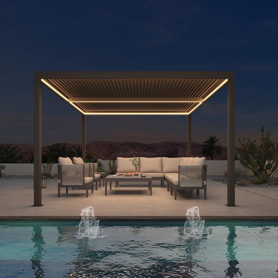PURPLE LEAF Athena Louvered Pergola Bronze Outdoor Aluminum Pergola with Strip Lights Adjustable Gazebo for Patio Deck Garden