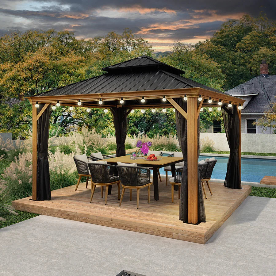 PURPLE LEAF – Pavillon à toit rigide pour terrasse, structure en aluminium effet bois avec guirlande lumineuse – clear