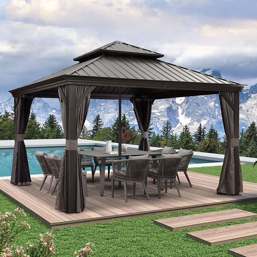 PURPLE LEAF Patio Gazebo for Backyard Grey Hardtop Galvanized Steel Roof Awning with Reinforcement Support Rod