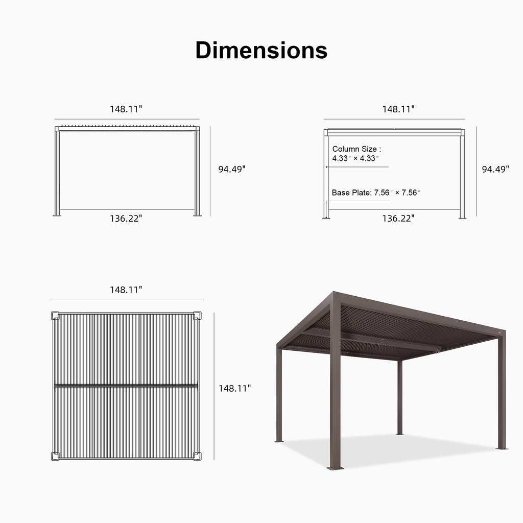 PURPLE LEAF Athena Louvered Pergola Bronze Outdoor Aluminum Pergola with Shutter Wall Adjustable Gazebo Rainproof for Patio Deck Garden