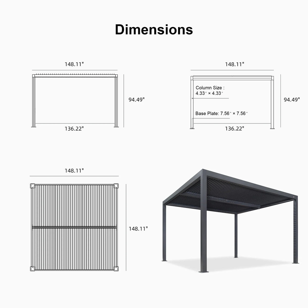 PURPLE LEAF Athena Louvered Pergola Grey Outdoor Aluminum Pergola with Solid Color Roller Blind Adjustable Gazebo for Patio Deck Garden