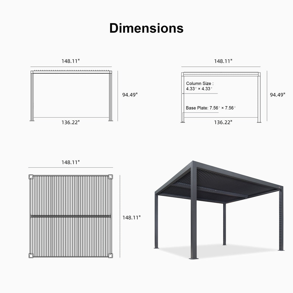 PURPLE LEAF Athena Louvered Pergola Grey Outdoor Aluminum Pergola with Shutter Wall Adjustable Gazebo Rainproof for Patio Deck Garden