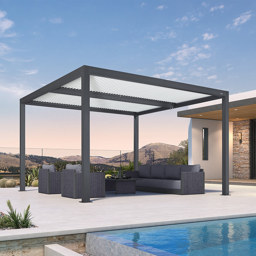 PURPLE LEAF Athena Louvered Pergola Modern Grey Pergola White Roof with Sanori Patio Couch Set Modular Sofas for Deck Backyard Garden