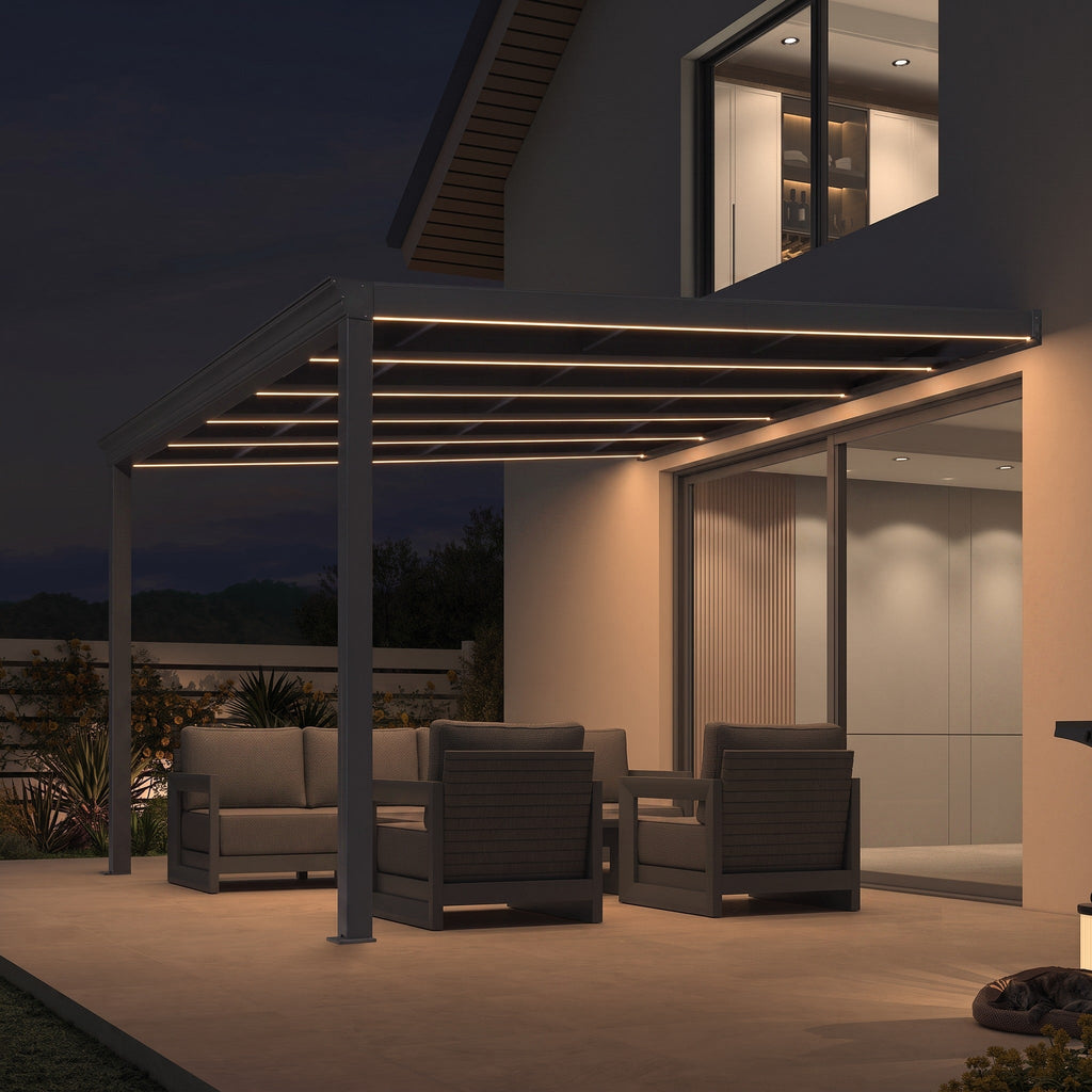 PURPLE LEAF Wall Mounted Gazebo with Gray Polycarbonate Roof Aluminum Frame Patio Cover with Strip Light for Porch
