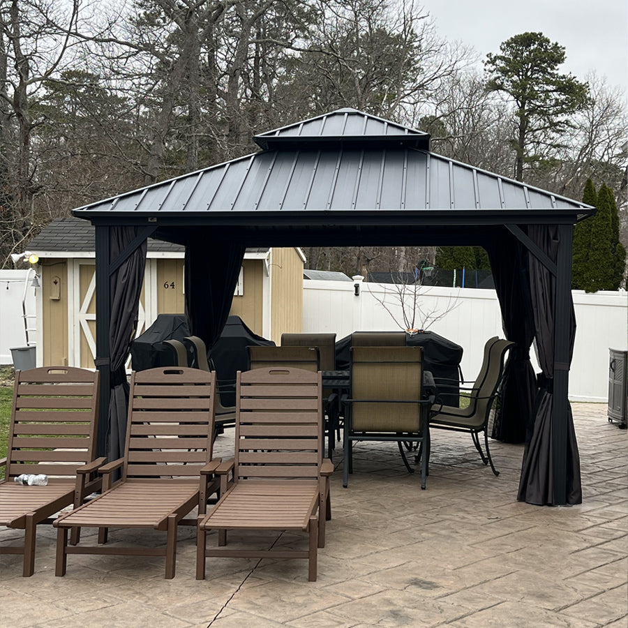 PURPLE LEAF Grey Hardtop Gazebo with Heavy Duty Galvanized Steel Double Roof with Netting and Curtains