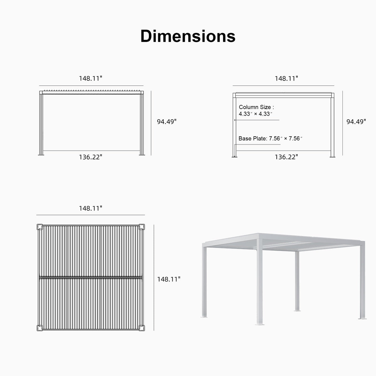 PURPLE LEAF Athena Louvered Pergola White Outdoor Aluminum Pergola with Roller Blind Adjustable Gazebo for Patio Deck Garden