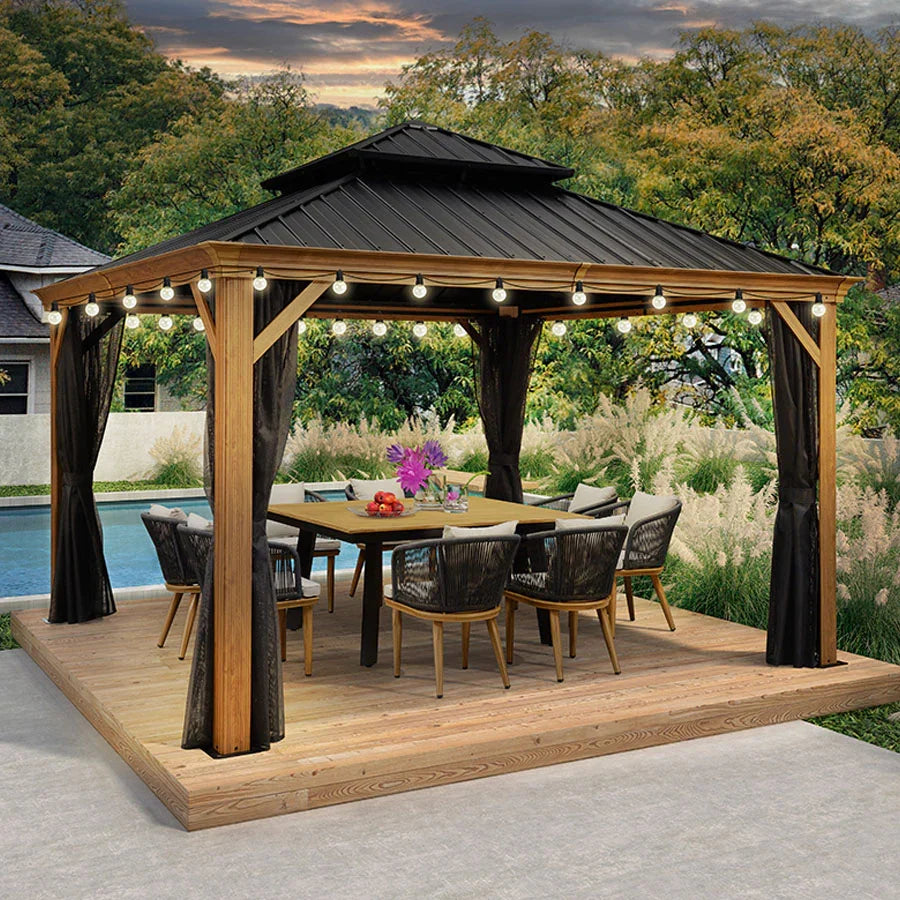 PURPLE LEAF – Pavillon à toit rigide pour terrasse, structure en aluminium effet bois avec guirlande lumineuse – clear