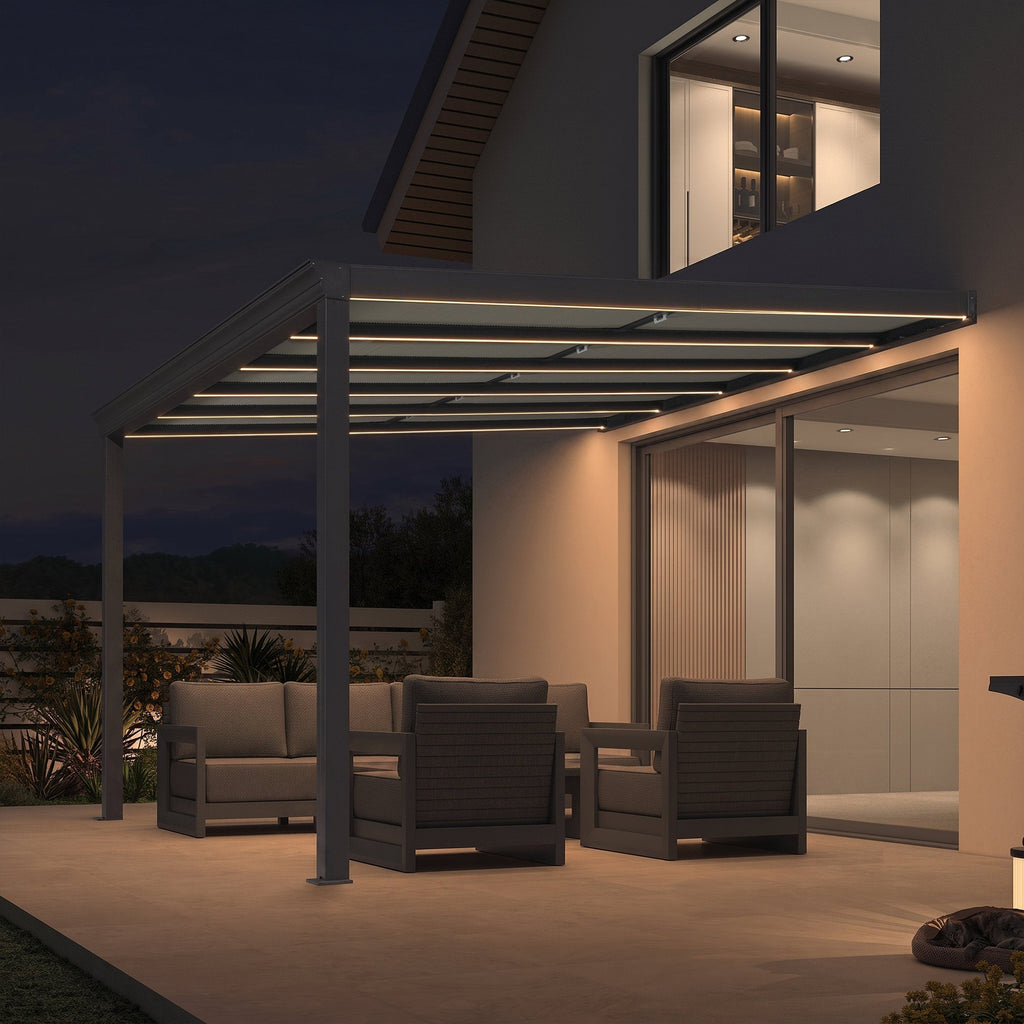 PURPLE LEAF Wall Mounted Gazebo with Gray Polycarbonate Roof Aluminum Frame Patio Cover with Retractable Pleated Shades and LED Strip Light