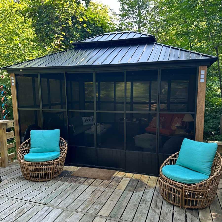 PURPLE LEAF Sunroom Hardtop Gazebo with Wood Grain Columns Black Frame Double Roof Galvanized Steel Solarium All-Weather Screen House