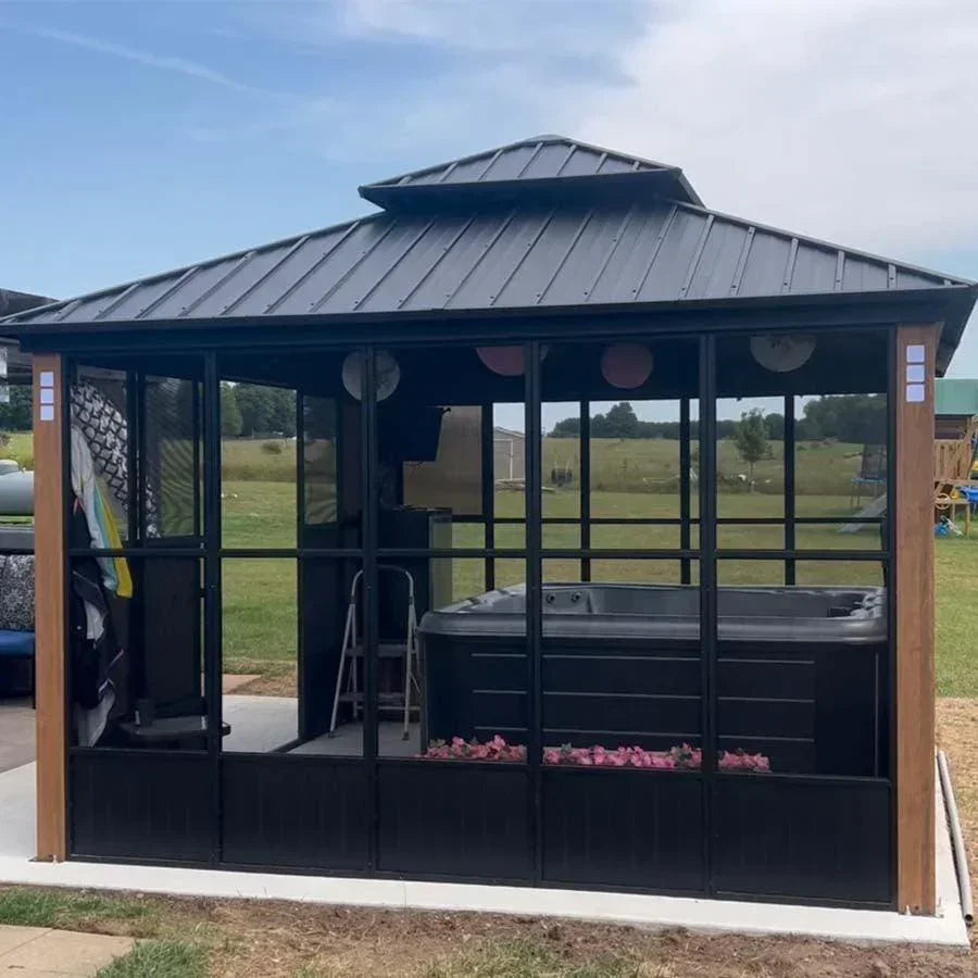 PURPLE LEAF Sunroom Hardtop Gazebo with Wood Grain Columns Black Frame Double Roof Galvanized Steel Solarium All-Weather Screen House with String Lights