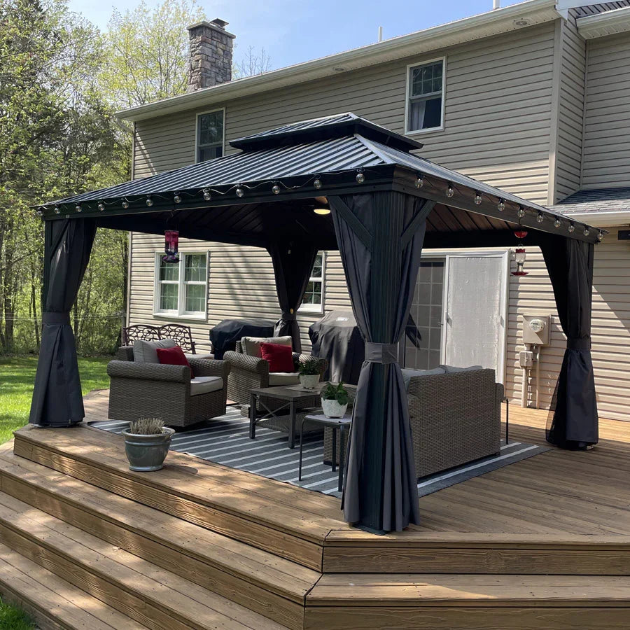 PURPLE LEAF Grey Hardtop Gazebo with Heavy Duty Galvanized Steel Double Roof with String Lights-milky