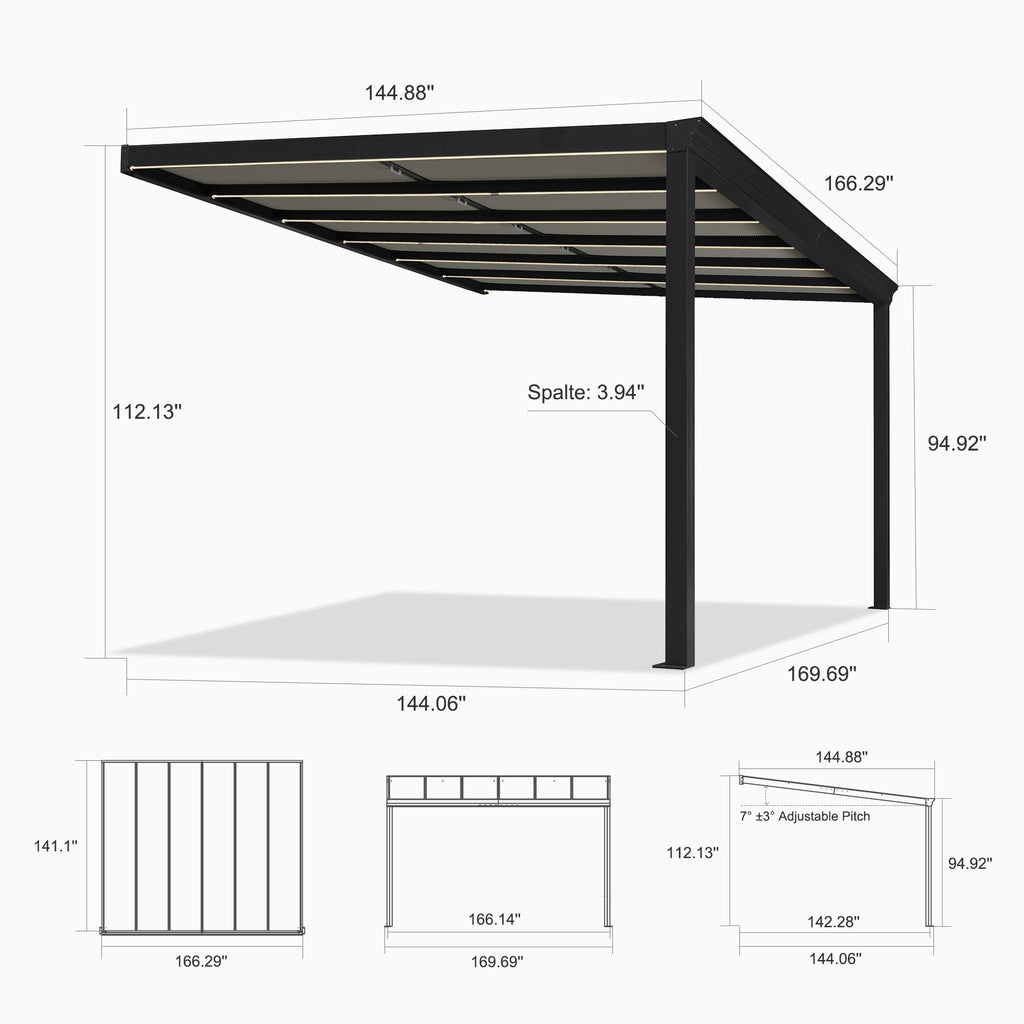 PURPLE LEAF Wall Mounted Gazebo with Gray Polycarbonate Roof Aluminum Frame Patio Cover with Retractable Pleated Shades and LED Strip Light