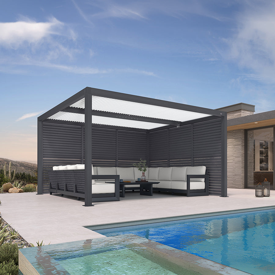 PURPLE LEAF Athena Louvered Pergola Grey Outdoor Aluminum Pergola with Shutter Wall Adjustable Gazebo Rainproof for Patio Deck Garden