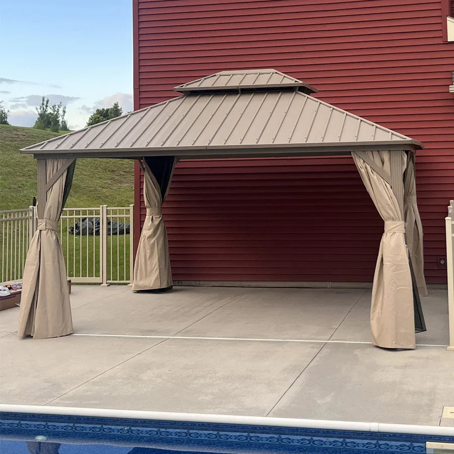 PURPLE LEAF Deck Gazebo Champagne Hardtop Metal Frame Double Roof with Curtains and Netting with Lights-milky