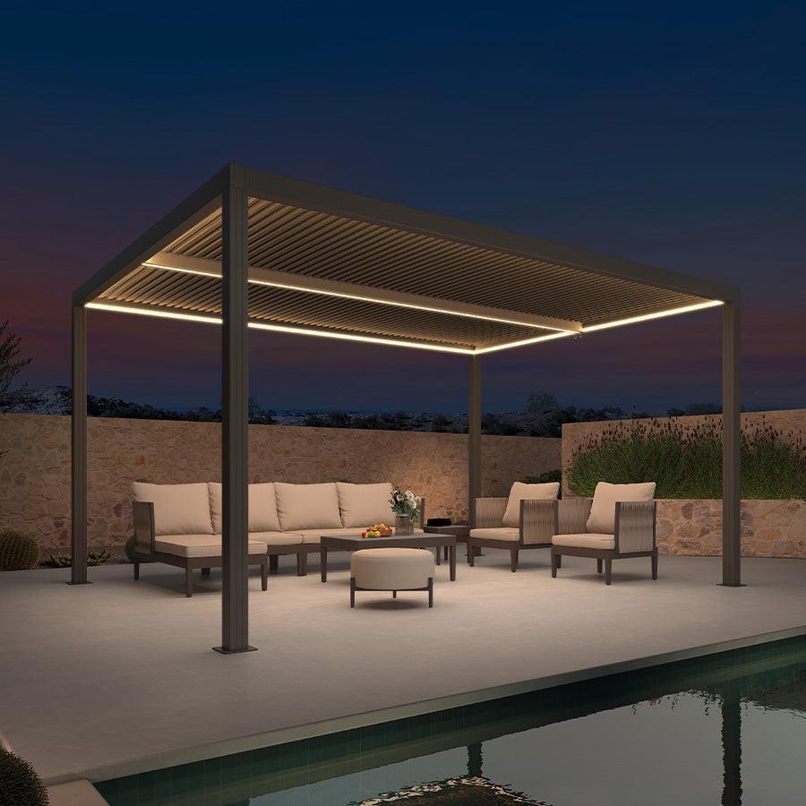 PURPLE LEAF Athena Louvered Pergola Bronze Outdoor Aluminum Pergola with Strip Lights Adjustable Gazebo for Patio Deck Garden