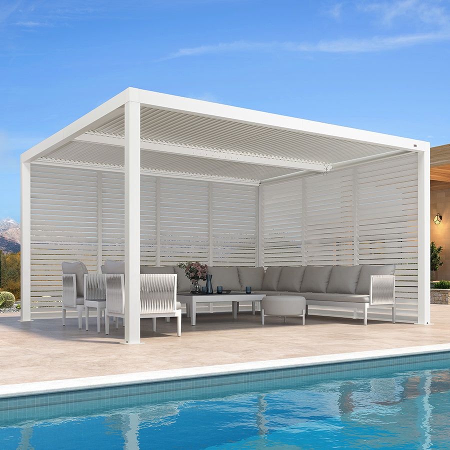 PURPLE LEAF Athena Louvered Pergola white Outdoor Aluminum Pergola with Shutter Wall Adjustable Gazebo Rainproof for Patio Deck Garden