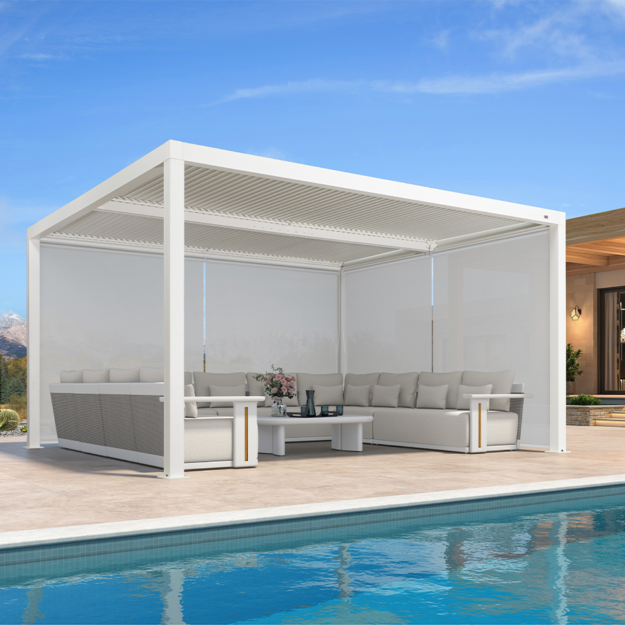 PURPLE LEAF Athena Louvered Pergola White Outdoor Aluminum Pergola with Solid Color Roller Blind Adjustable Gazebo for Patio Deck Garden