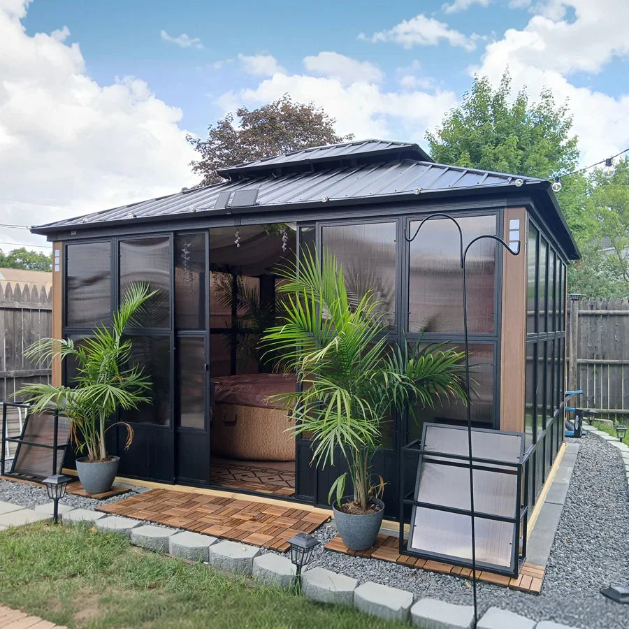 PURPLE LEAF Sunroom Hardtop Gazebo with Wood Grain Columns Black Frame Double Roof Galvanized Steel Solarium All-Weather Screen House