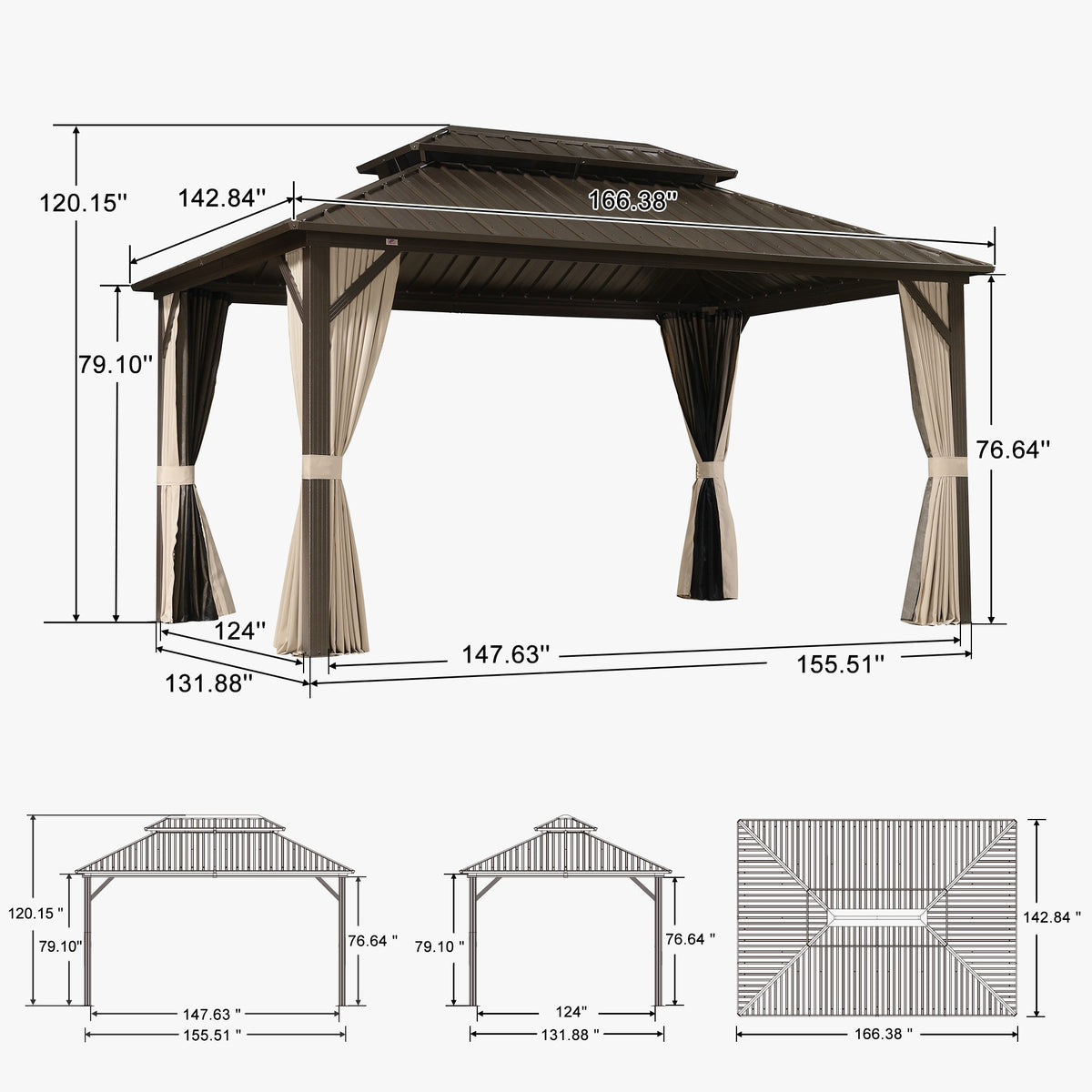 PURPLE LEAF Hardtop Gazebo Featuring Galvanized Steel Double Roof and Bronze Aluminum Frame with Curtains Netting and Reinforcement Support Rods