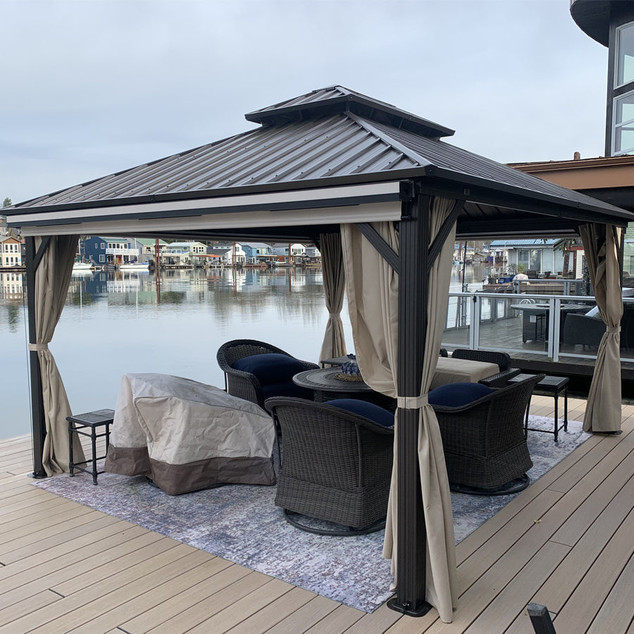 PURPLE LEAF Hardtop Gazebo Featuring Galvanized Steel Double Roof and Bronze Aluminum Frame with Curtains Netting and Reinforcement Support Rods
