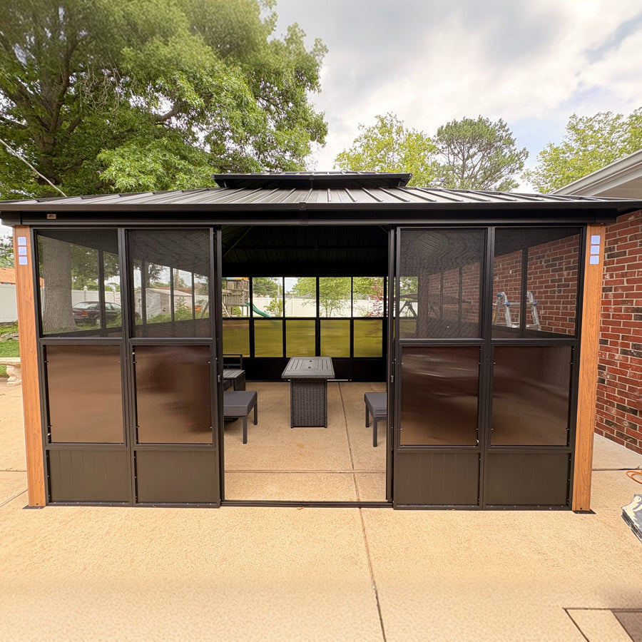 PURPLE LEAF Bronze Frame Sunroom Hardtop Gazebo Solarium Wood Grain Columns Galvanized Steel Double Roof All-Weather Screen House with Lights