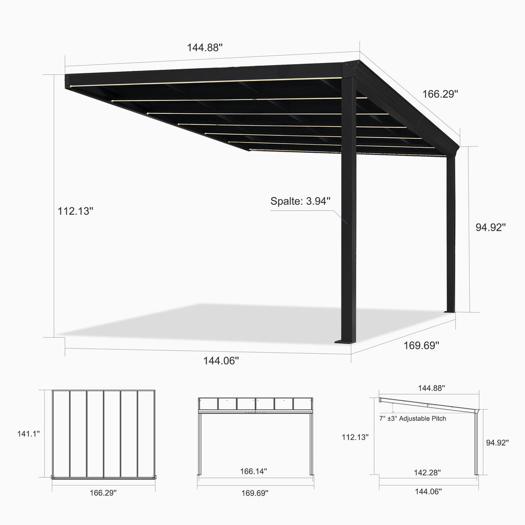 PURPLE LEAF Wall Mounted Gazebo with Gray Polycarbonate Roof Aluminum Frame Patio Cover with Strip Light for Porch