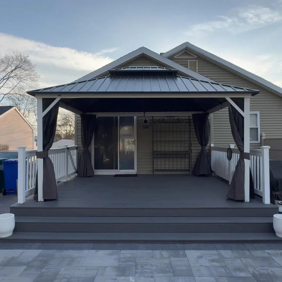PURPLE LEAF Modern Gazebo Grey Hardtop Galvanized Steel Double Roof White Aluminum Poles with Curtains and Netting