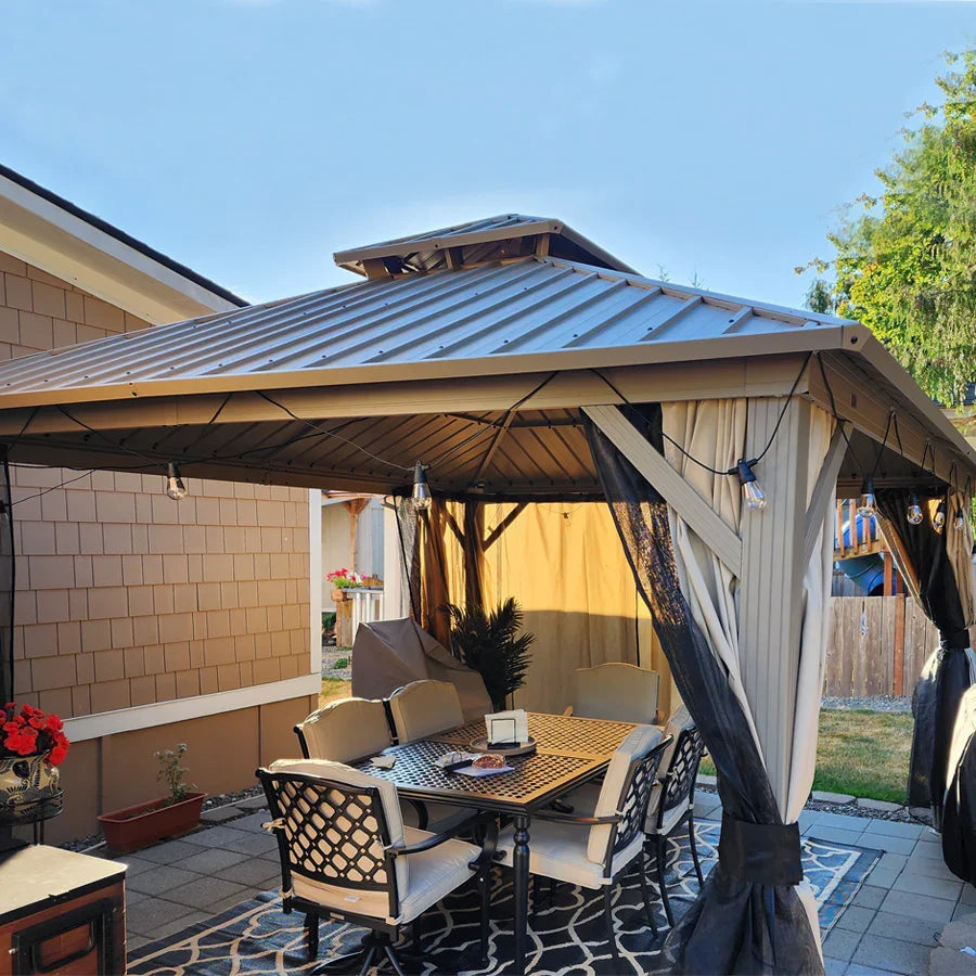 PURPLE LEAF Deck Gazebo Champagne Hardtop Metal Frame Double Roof with Curtains and Netting with Lights-milky