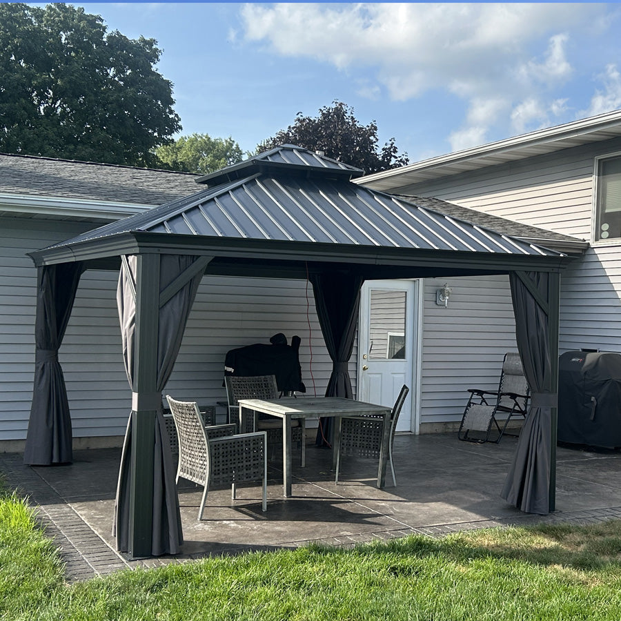 PURPLE LEAF Patio Gazebo for Backyard Grey Hardtop Galvanized Steel Roof Awning String Lights-milky