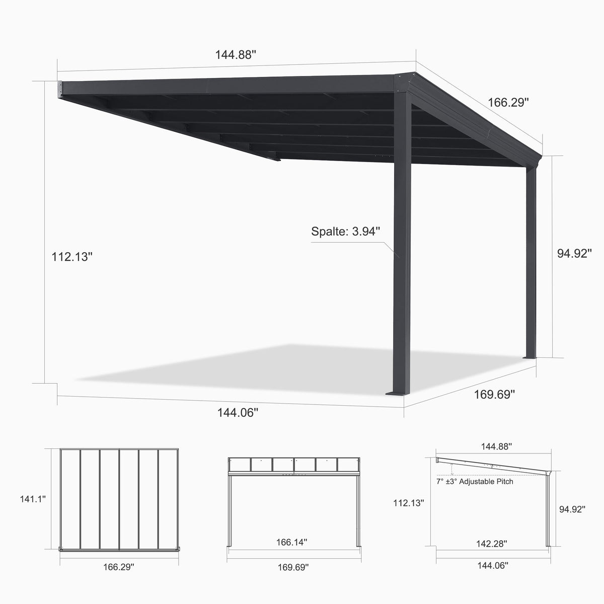 PURPLE LEAF Wall Mounted Gazebo with Gray Polycarbonate Roof Aluminum Frame Patio Cover for Porch