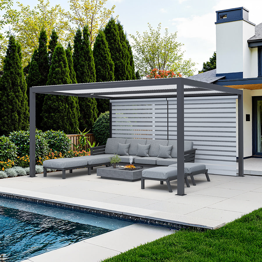PURPLE LEAF Athena Louvered Pergola Grey Outdoor Aluminum Pergola with Roller Blinds Adjustable Gazebo Rainproof for Patio Deck Garden