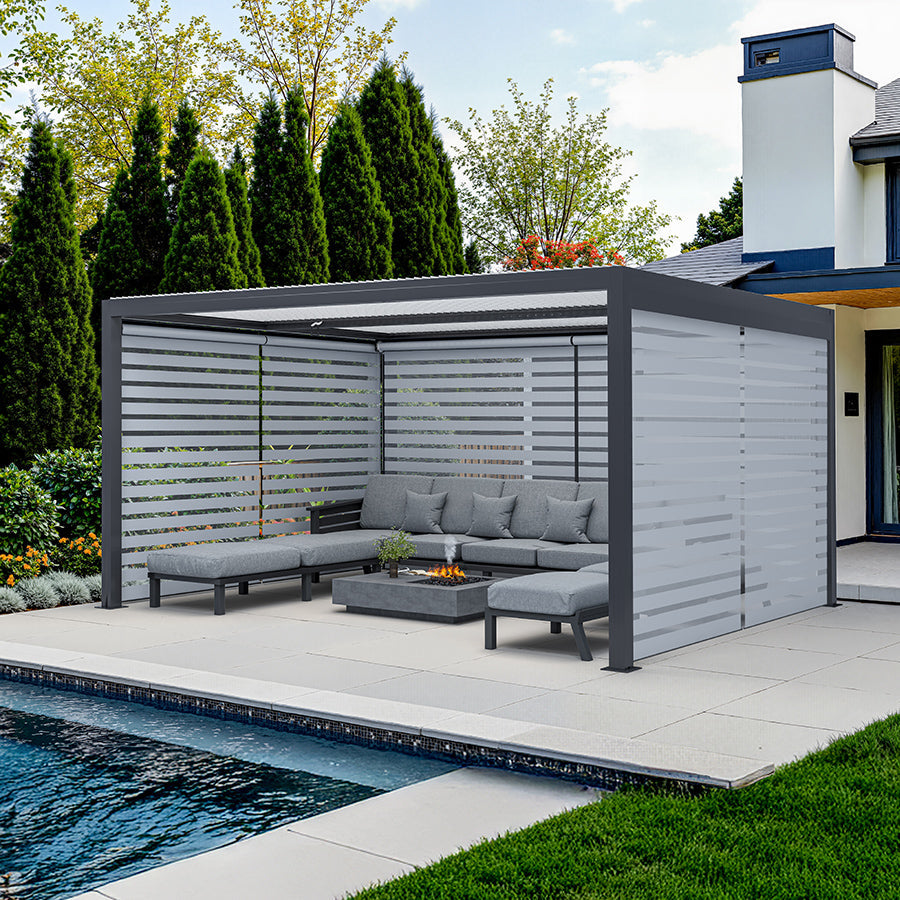 PURPLE LEAF Athena Louvered Pergola Grey Outdoor Aluminum Pergola with Roller Blinds Adjustable Gazebo Rainproof for Patio Deck Garden