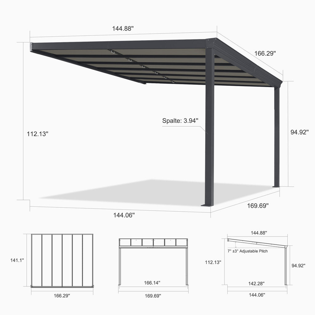 PURPLE LEAF Wall Mounted Gazebo with Gray Polycarbonate Roof Aluminum Frame Patio Cover with Retractable Pleated Shades for Porch