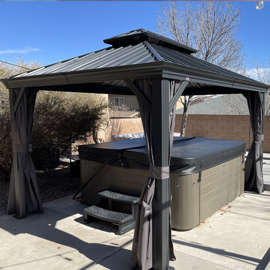 PURPLE LEAF Patio Gazebo for Backyard Grey Hardtop Galvanized Steel Roof Awning with Upgrade Curtain