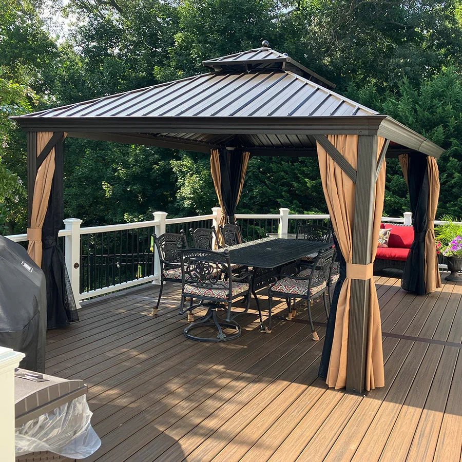 PURPLE LEAF Outdoor Hardtop Gazebo for Garden Bronze Double Roof Aluminum Frame Pavilion with String Lights-milky