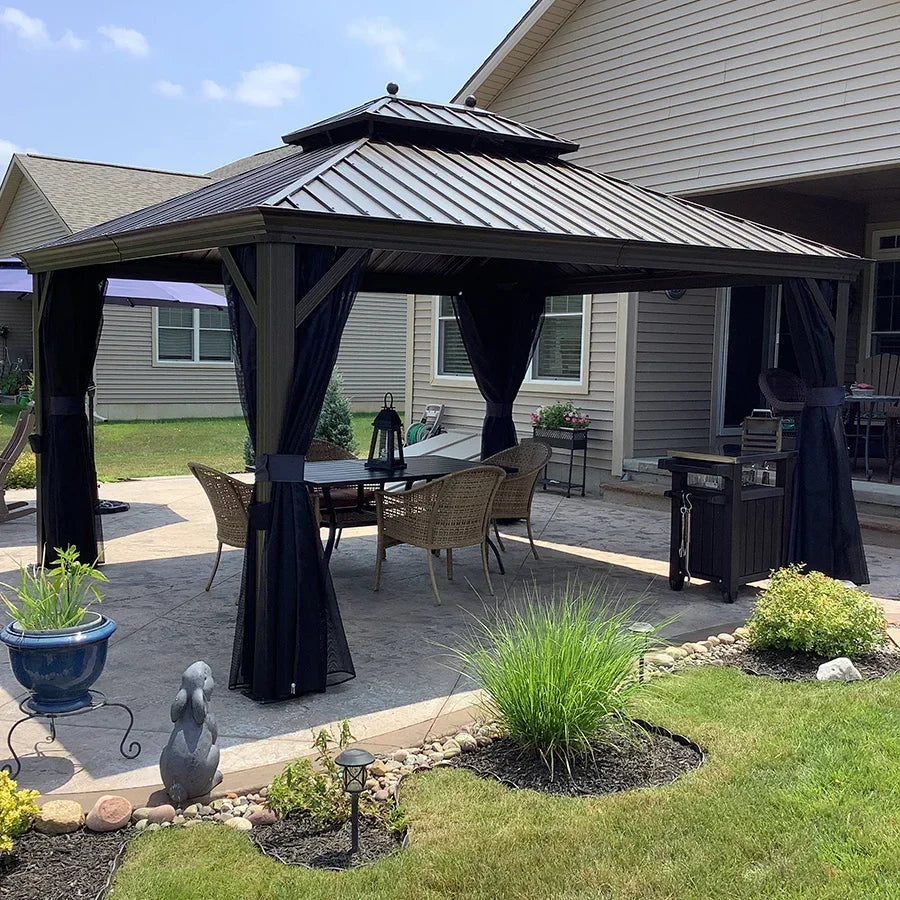 PURPLE LEAF Outdoor Hardtop Gazebo for Patio Bronze Aluminum Frame Pavilion with Navy-Blue Curtain