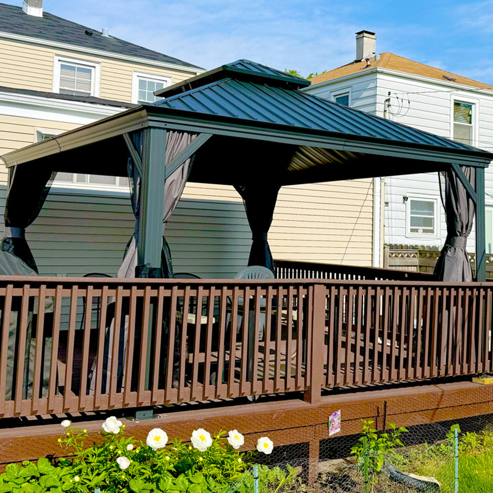 PURPLE LEAF Patio Gazebo for Backyard Grey Hardtop Galvanized Steel Roof Awning with Upgrade Curtain