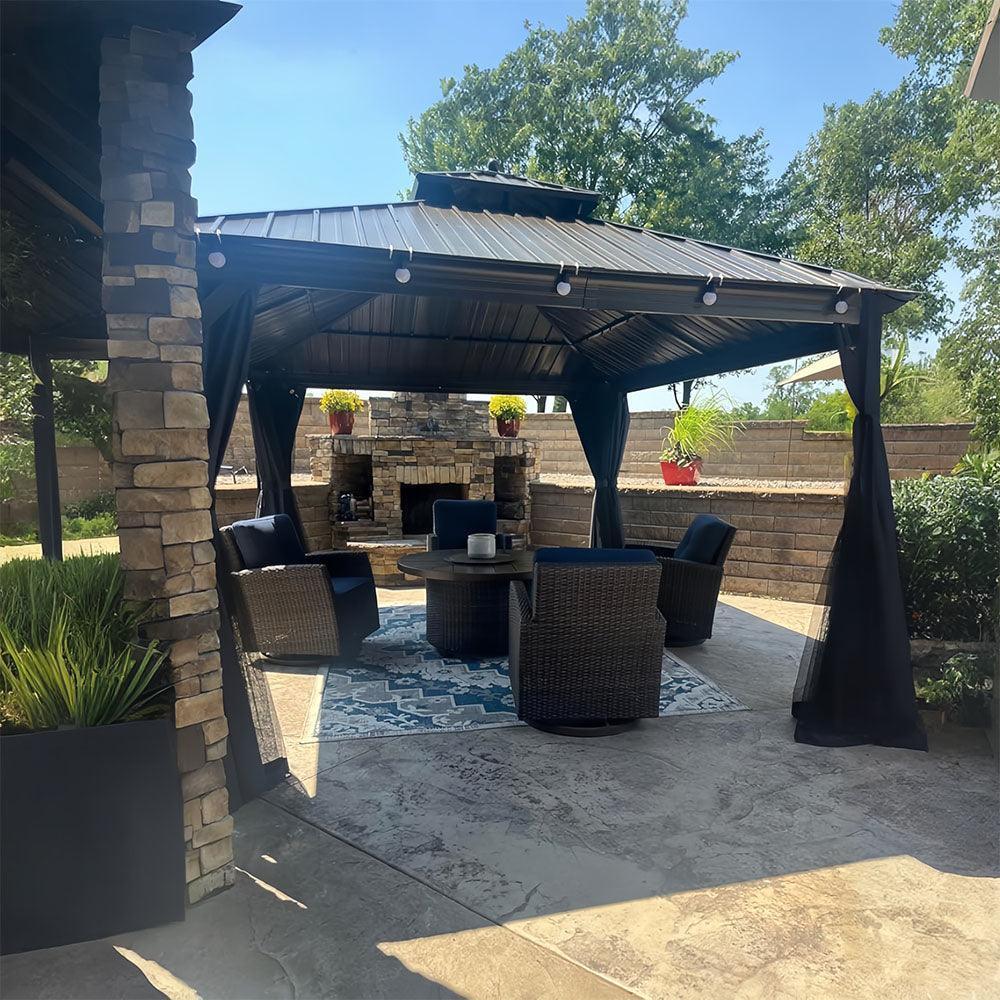 PURPLE LEAF Outdoor Hardtop Gazebo for Patio Bronze Aluminum Frame Pavilion with Navy-Blue Curtain