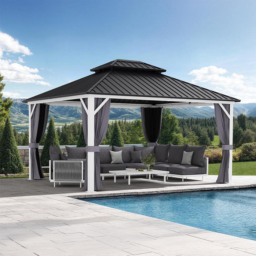 PURPLE LEAF Modern Gazebo Grey Hardtop Galvanized Steel Double Roof White Aluminum Poles with Curtains and Netting with Lights-milky