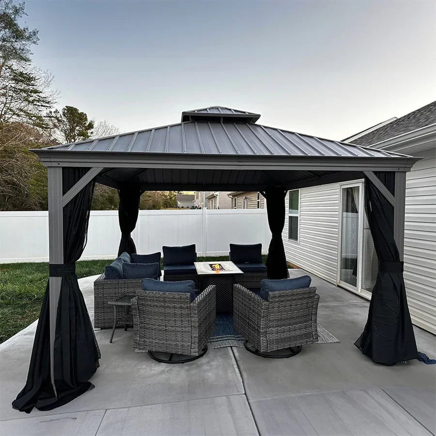 PURPLE LEAF Patio Gazebo for Pool Light Grey Hardtop Galvanized Steel Roof with Reinforcement Support Rod