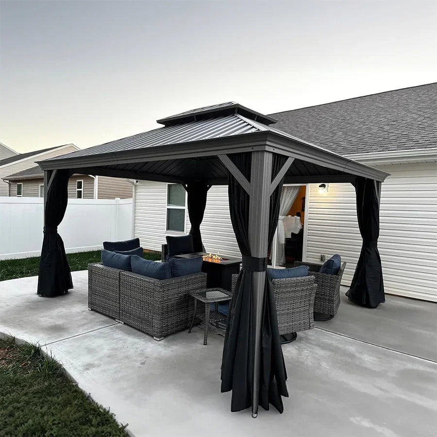 PURPLE LEAF Patio Gazebo for Pool Light Grey Hardtop Galvanized Steel Roof with String Lights-milky