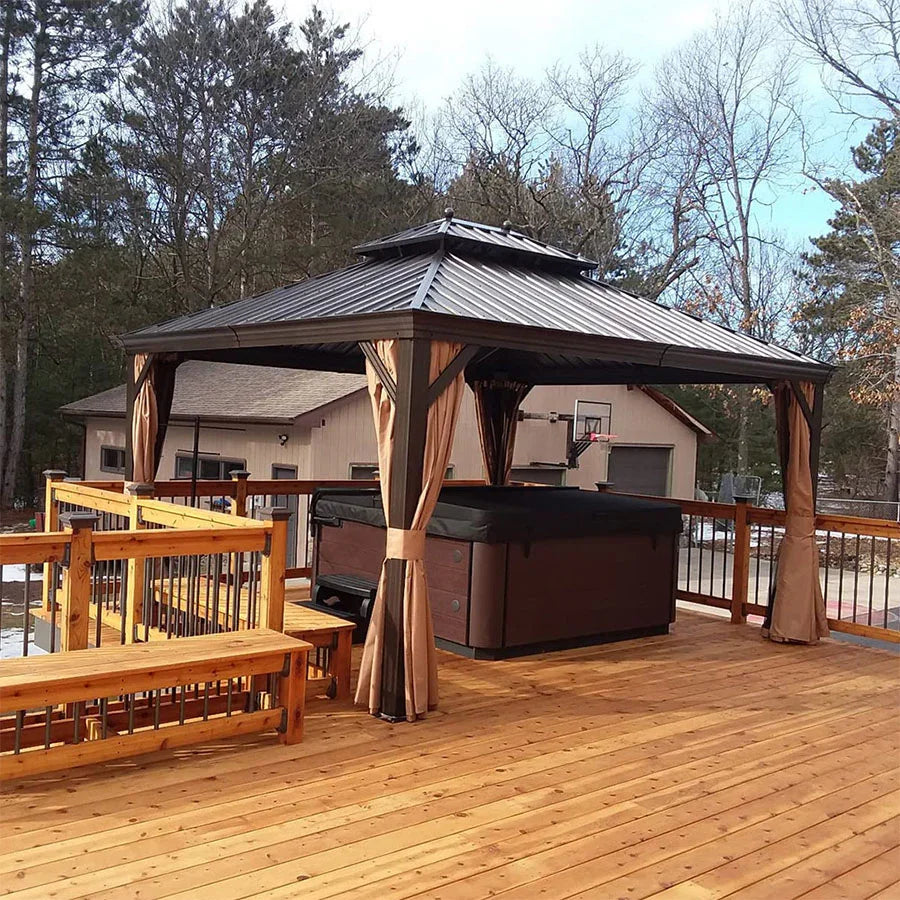 PURPLE LEAF Outdoor Hardtop Gazebo for Garden Bronze Double Roof Aluminum Frame Pavilion with String Lights-milky