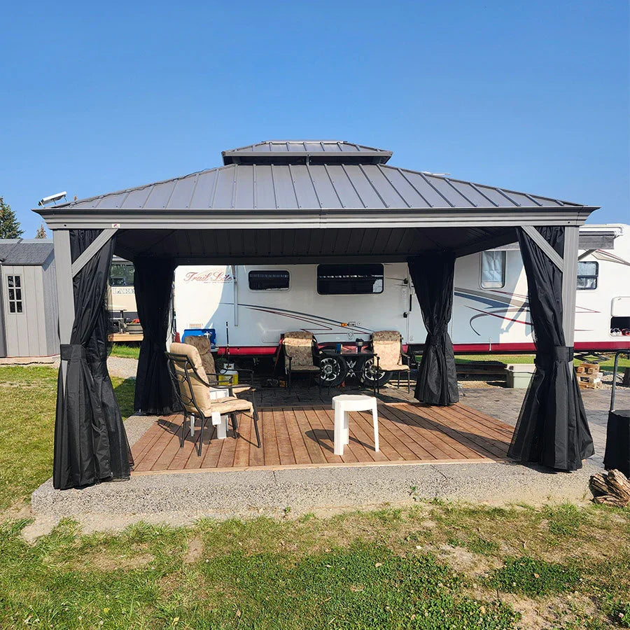 PURPLE LEAF Patio Gazebo for Pool Light Grey Hardtop Galvanized Steel Roof with Upgraded Curtains