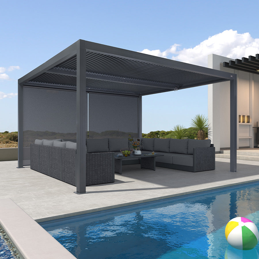 PURPLE LEAF Athena Louvered Pergola Grey Outdoor Aluminum Pergola with Solid Color Roller Blind Adjustable Gazebo for Patio Deck Garden