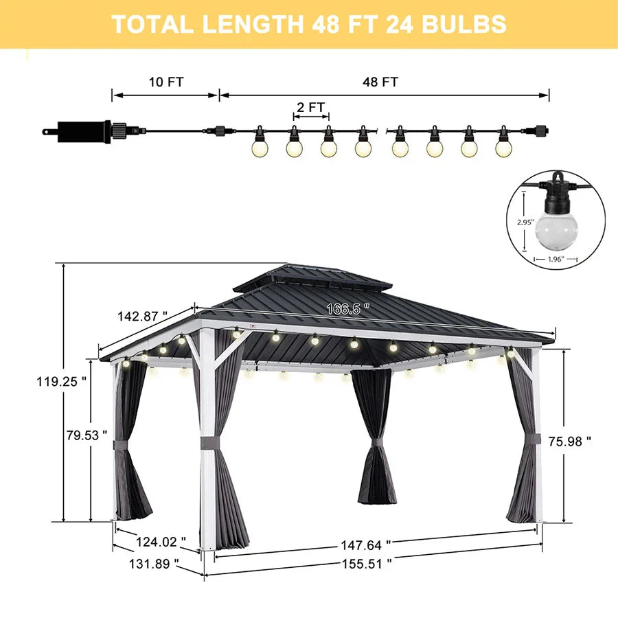 PURPLE LEAF Modern Gazebo Grey Hardtop Galvanized Steel Double Roof White Aluminum Poles with Curtains and Netting with Lights-clear