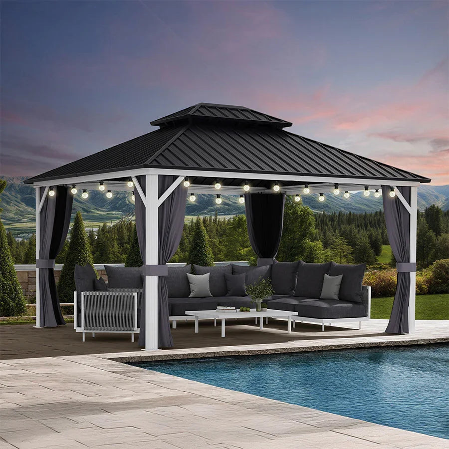 PURPLE LEAF Modern Gazebo Grey Hardtop Galvanized Steel Double Roof White Aluminum Poles with Curtains and Netting with Lights-clear
