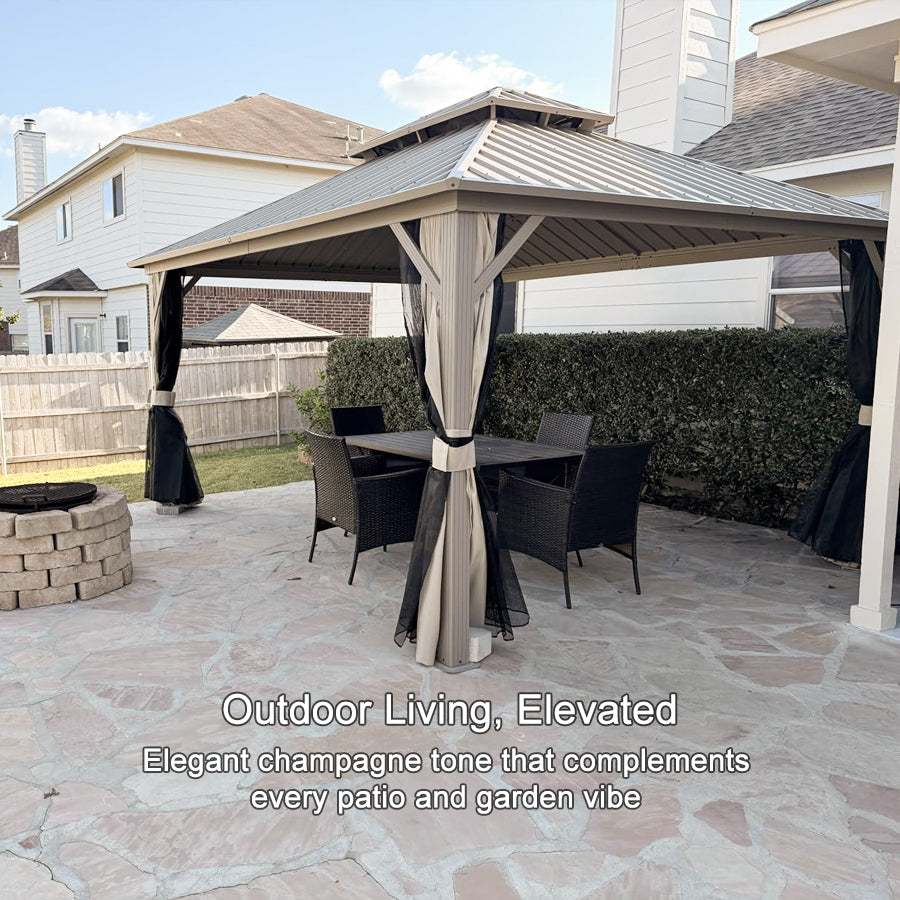 PURPLE LEAF Deck Gazebo Champagne Hardtop Metal Frame Double Roof with Curtains and Netting with Lights-milky